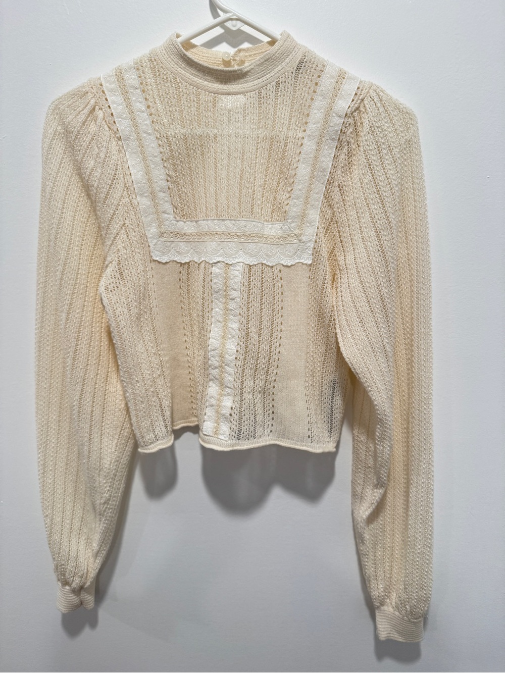 Zara Womens S Cream Pointelle Knit Lace Blouse Puff Sleeve Romantic Boho Top